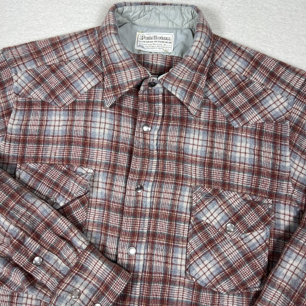 Vintage 70's Pendleton Pearl Snap Mens L 20.5x28 Red Gray Plaid Wool Western